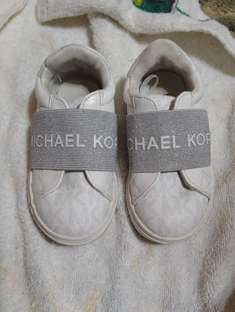 Michael Kors Kids White Sneakers with Silver Logo Band